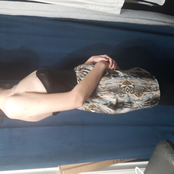 Black leather boned bousties, beacon stricter print skirt. Edgy and elegant. - Picture 3 of 4